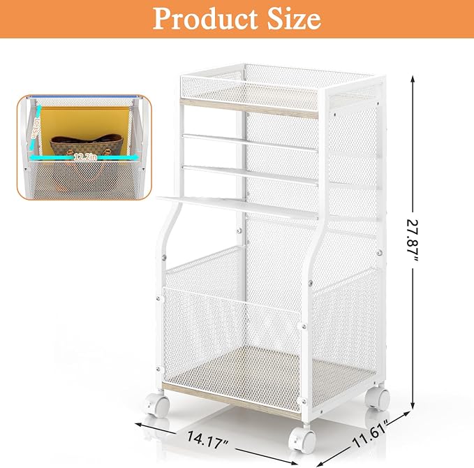 5-Tier Rolling File Cart with Lockable Wheels, Mobile Desk File Organizer Hanging File Folders Paper Letter Sliding Trays, White Wood & Mesh Hanging Folder Drawer Organization for Office, Home, School