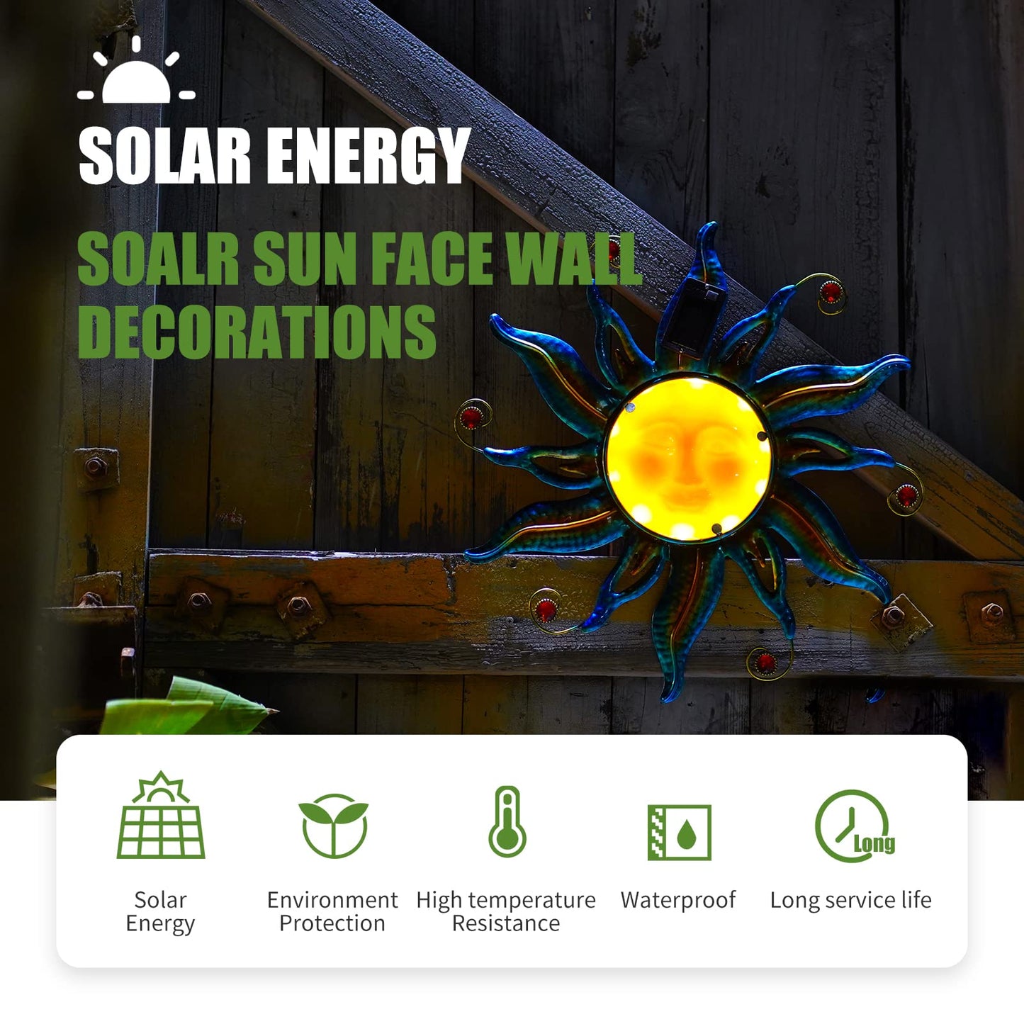 Fashionoda 18 "Solar Sun Face Wall Art - Metal Sculpture with LED Lights & Smiling Face, Outdoor Wall Hanging Fence Decorations (Blue)
