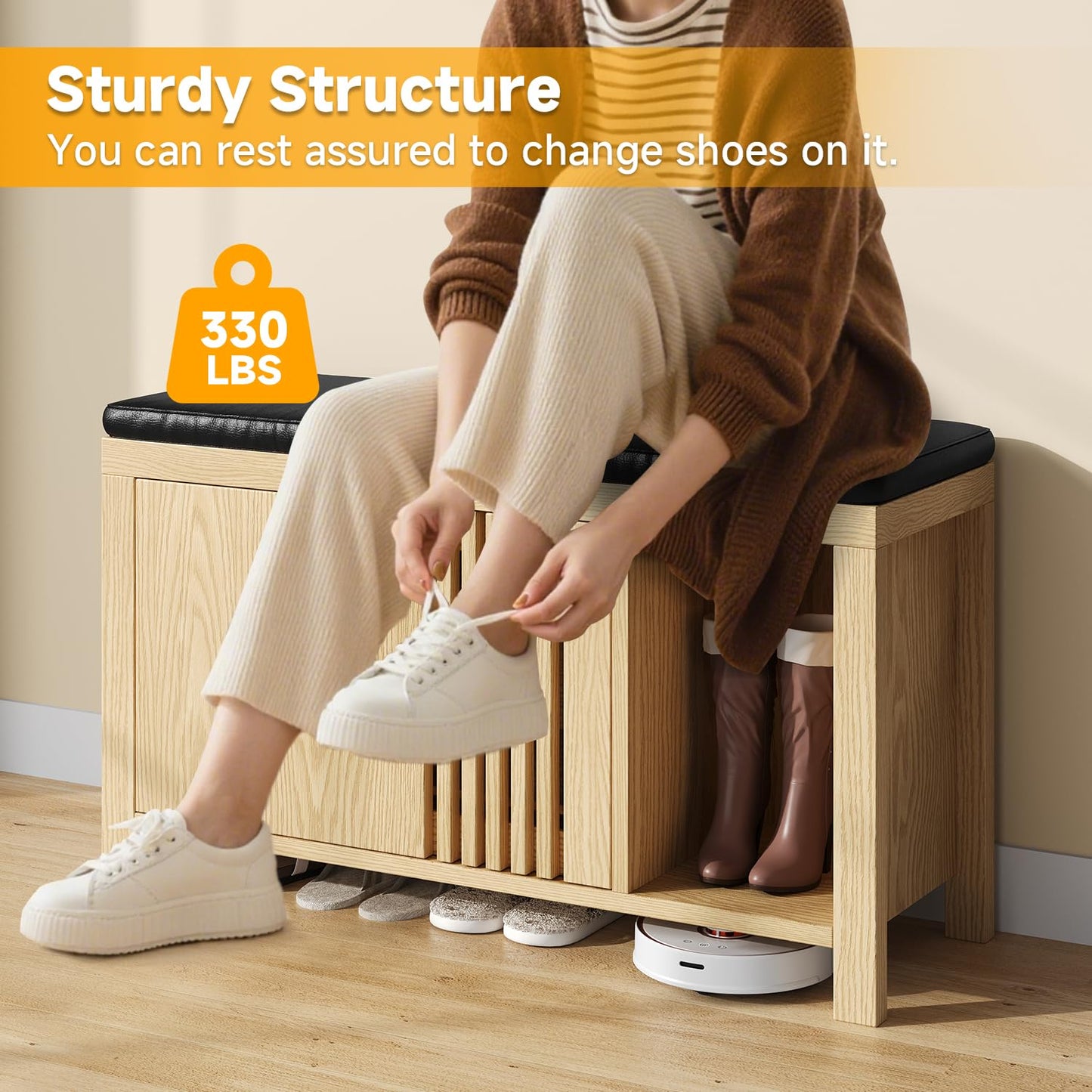UNIQUITE 40" Shoe Storage Bench with Flip Drawers & Padded Seat Cushion, Open Compartments & Slatted Doors, Entryway Bench with Shoe Storage for Entryway, Hallway, Living Room, Bedroom, Natural