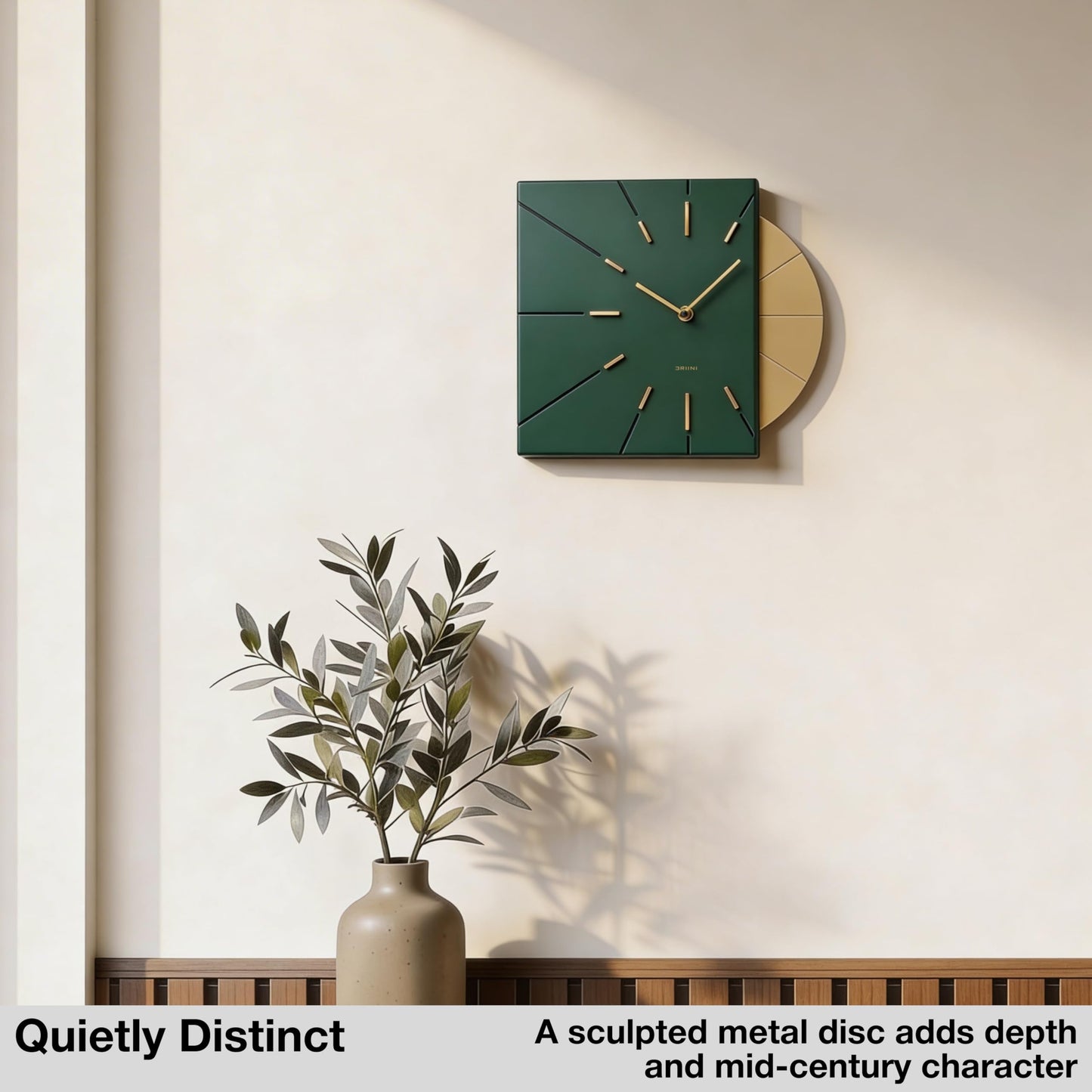 Driini Clocks Mid Century Modern Wall Clock - Square Green Clock with Decorative Gold Accent- Unique and Cool Clock, Battery Operated - MCM Decor & Decorative Wall Clock for Mid Century Modern Decor.