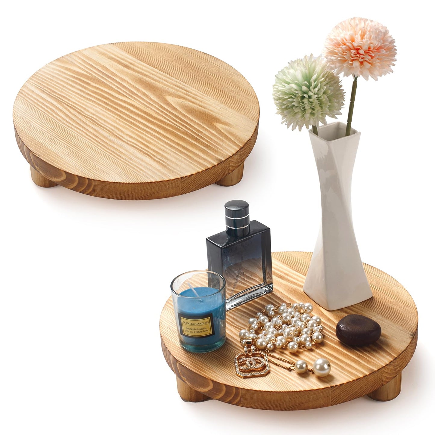DEAMACE Wood Riser for Decor, 2 Pack Wood Pedestal Stand for Display, Round Wooden Tray for Kitchen Counter, Wooden Pedestal Stand for Plant Pot Indoor