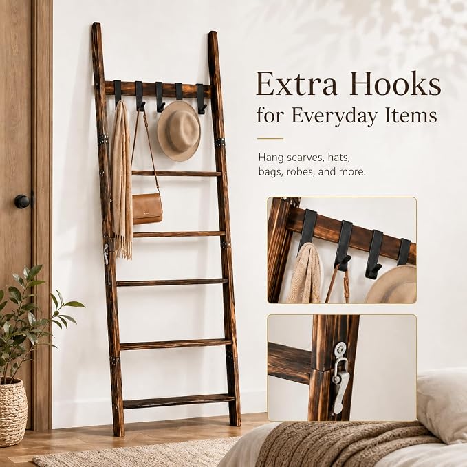Blanket Ladder with 5 Removable Hooks, 67 Inch 6-Tier Wooden Blanket Rack, Rustic Brown Towel Ladder, Decorative Quilt Rack for Living Room Bedroom Bathroom Farmhouse Decor