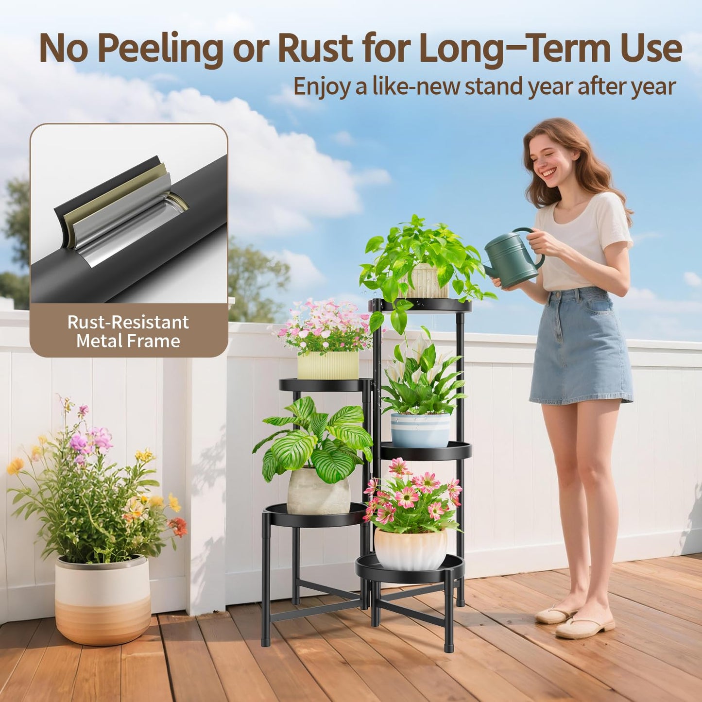 LASZOLA 5 Tier Large Plant Stand Indoor Tall with 10 Inch Metal Tray, Corner Folding Flower Display Rack, Modern Plant Holder Shelf for Outdoor Patio Porch Garden Office Living Room, Black