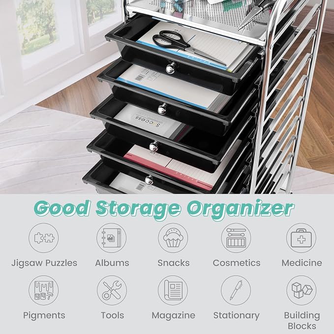 MEDIMALL 10 Drawers Rolling Storage Cart, Multipurpose Craft Storage Cart with Wheels, Mobile Tools Scrapbook Paper Organizer Cart for Office School Home Use (Black)