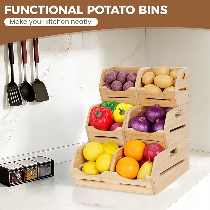 Tfro & Cile Bamboo Potato and Onion Storage Bins Pantry Organizers 3 Tier Stackable Vegetable Baskets Multipurpose Fruit Organization Containers for Kitchen - Set of 5