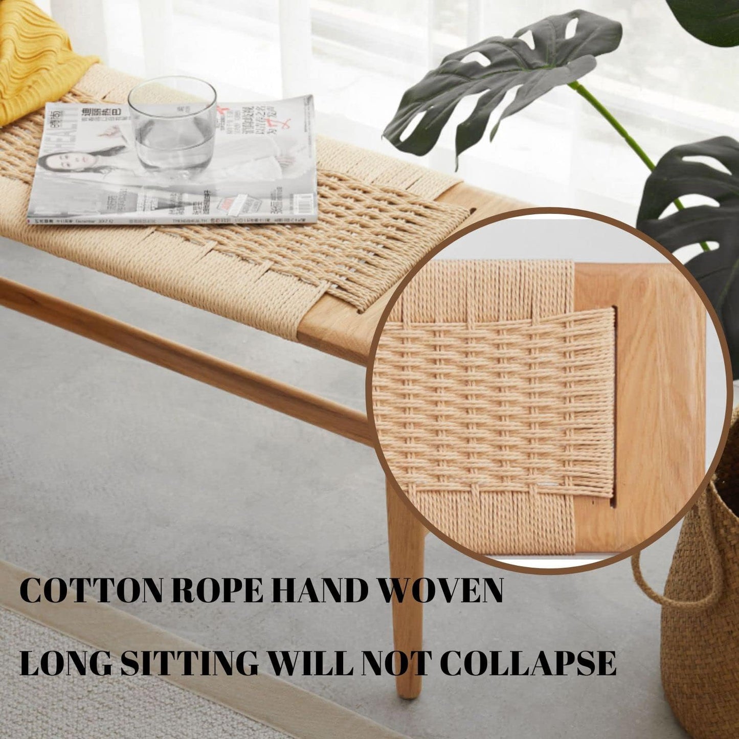 Vadisun 100% Solid Oak Wood Bench,Hand Woven Design,Solid Mortise and Tenon Construction-Solid Structure of Chair Legs,Woven Rattan Entryway Benchs/Dining Bench (Natural Oak,31.49”*11.81”*15.98”)