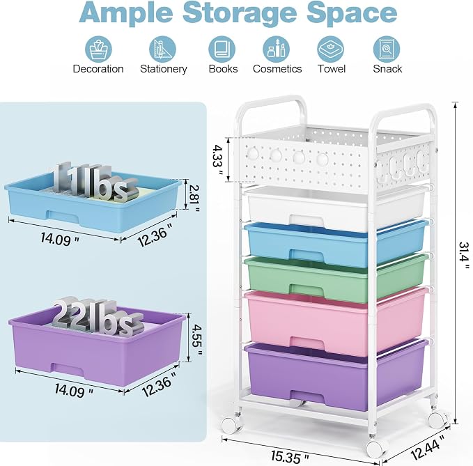 5 Drawer Rolling Storage Cart with Pegboard Top and Hooks, Mobile Organizer Cart with Wheels for Office Supplies, Craft Storage, Classroom Organization, Home Utility Cart, Ice Cream