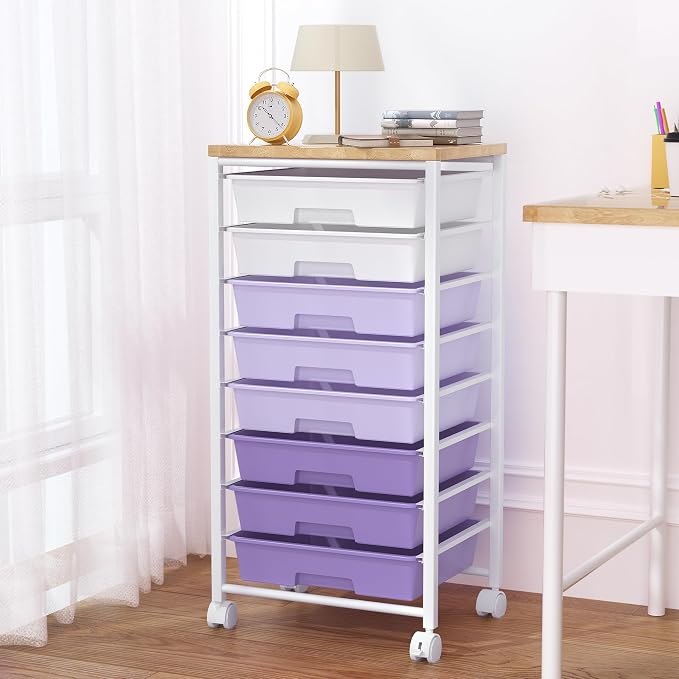 Rolling Cart with 8 Drawers, Storage Drawers Cart with Wooden Tabletop and Lockable Wheels, Craft Storage for Living Room, Office, Classroom, Craft Room, Bedroom (Purple)