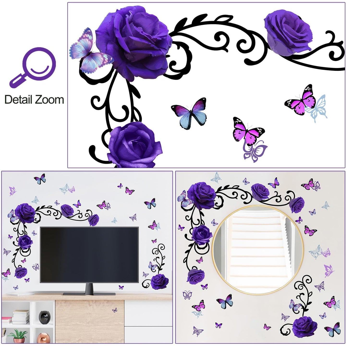 Removable Purple Floral Rose Wall Decor 3D Peel and Stick Flower Vine Black Plants Vines Leaf Wall Stickers Flying Butterfly Wall Decals for Kids Girls Baby Bedroom Nursery Living Room (Purple)