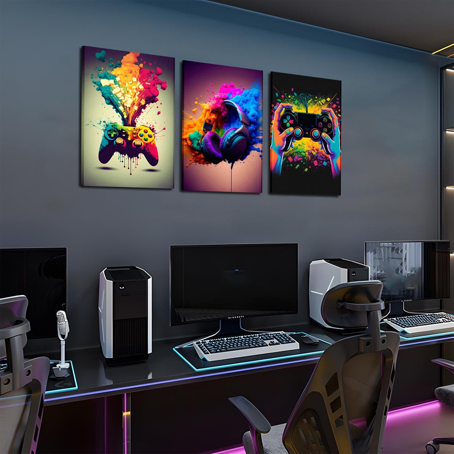 Gaming Room Decor Wall Art Set of 3 - Video Gaming Controller Gamer Wall Decor, Gaming Canvas Poster Room Decor for Boys Room Kids Game Room Bedroom 12x16 in Framed