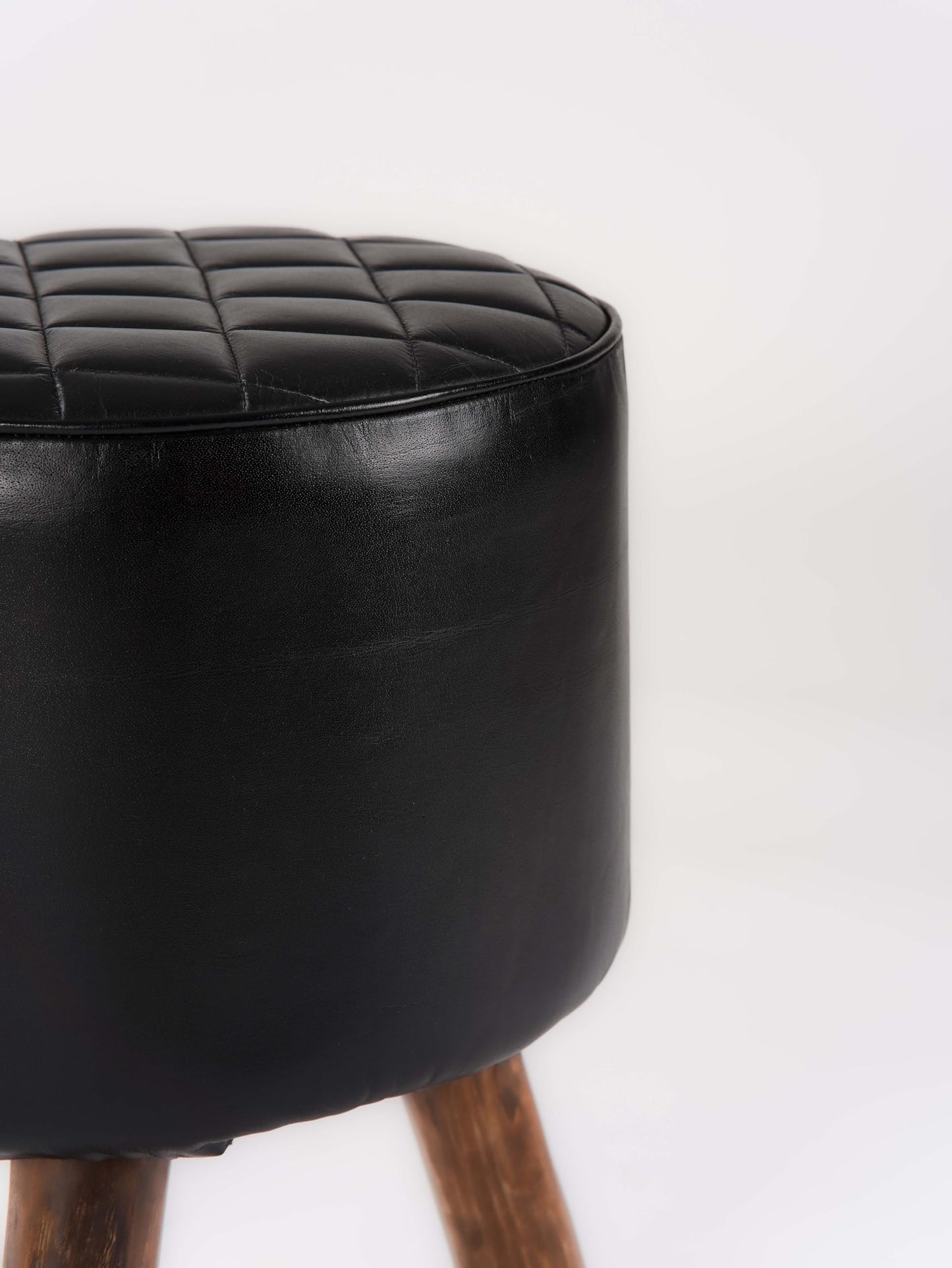 Handmade Eco-Friendly Geometric Buffalo Leather & Wood Black Round Ottomon Stool 18"X14"x14" from BBH Homes
