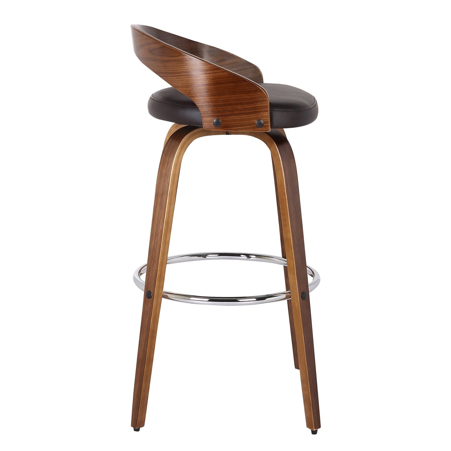 Armen Living Sonia 26" Seat Height Mid Century Modern Swivel Bar Stool for Kitchen Island Counter in Brown Faux Leather and Walnut Wood