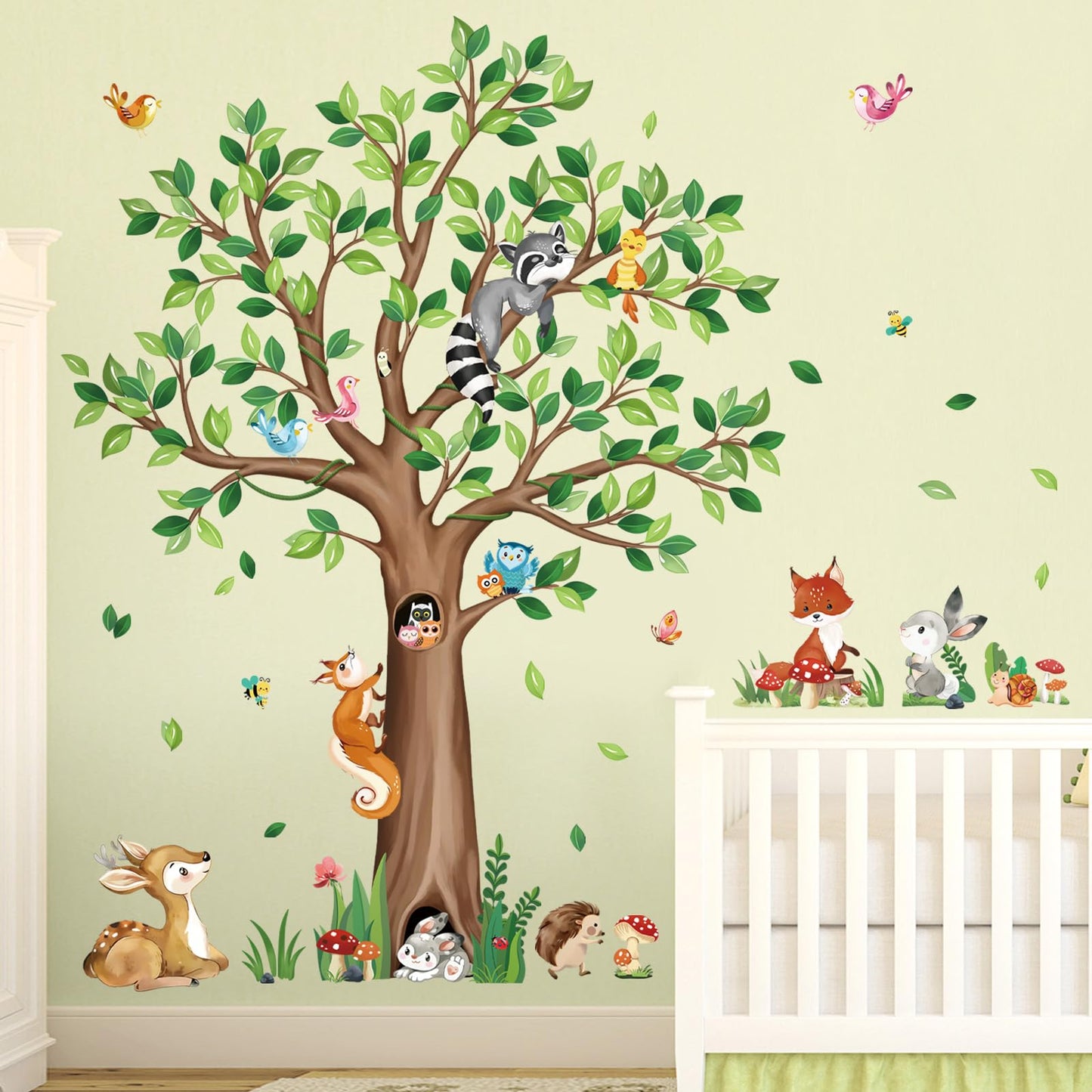 decalmile Woodland Animals Large Tree Wall Stickers Bear Fox Deer Wall Decals Baby Nursery Kids Bedroom Toddler Room Wall Decor (H:135cm/53Inches)