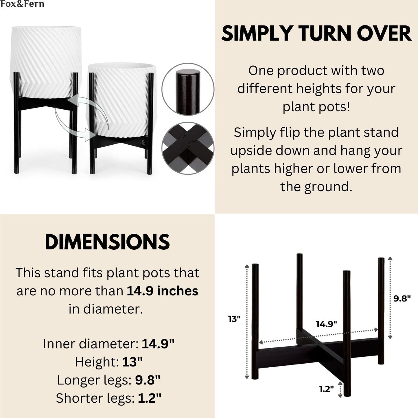 Fox & Fern Bamboo Plant Stand — 14.9 Inch Fixed Size Wooden Mid Century Planter Stand for Indoor Planters (Not Included); Extra Large Flower Pot Holder for Indoor Big Pots; Plug In Design; Dark Bamboo