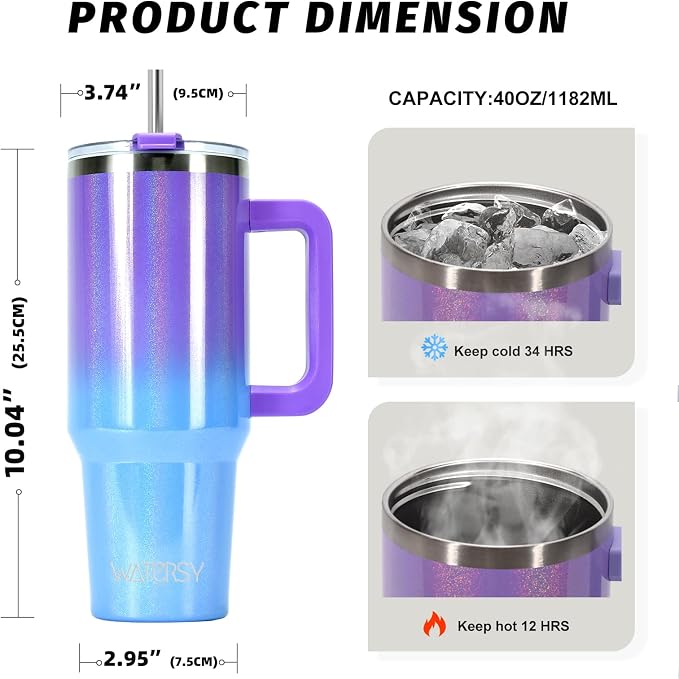 40 oz Shiny Tumbler with Handle and Straw,Stainless Steel Tumbler with Lid and Straw,Insulated Travel Mug(Cold for 34 Hours),Water Bottle for Iced Tea,Coffee (Purple)