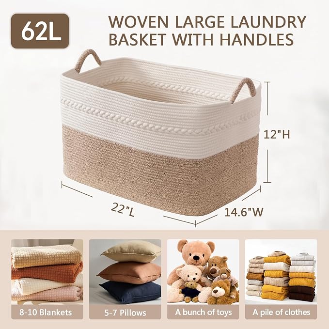 Large laundry basket woven from natural cotton rope with handles storage blankets for living rome big decorative quilted baskets for clothes toys pillows hamper 22"x14.6"x12" white/brown