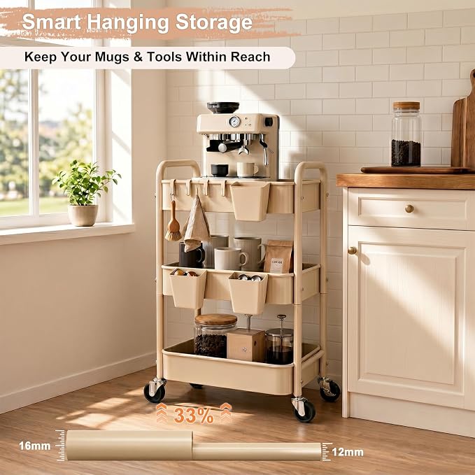 3 Tier Beige Rolling Storage Cart Metal on Wheels, Cream Three Tiered Diaper Caddy with Wheels,Utility Organizer Trolley for Nursery,Postpartum,Art,Craft,Khaki Roller Bedside Carts for Baby Essentials