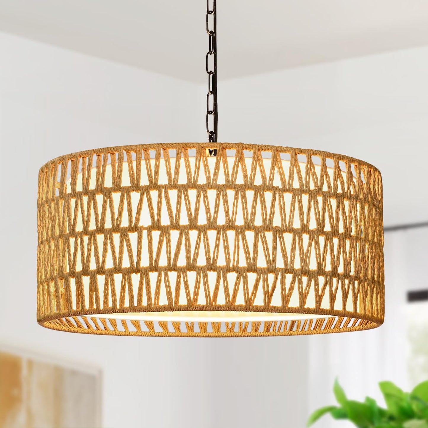 Farmhouse Chandelier Light Fixture, 5-Light Rattan Boho Chandeliers for Dining Room, Hand Woven Pendant Light with Linen Shade, Rustic Hanging Lighting for Kitchen Island, Bedroom (Bulb Not Included)