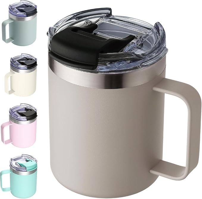 12oz Insulated Coffee Mug Cup with Handle, Stainless Steel Travel Coffee Mug with Flip Lid, Double Wall Vacuum Coffee Tumbler,Apricot