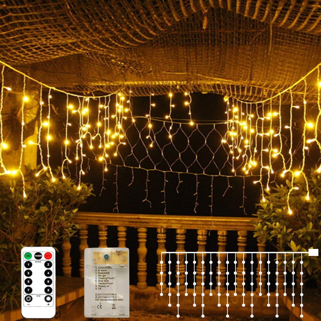 Icicle Lights 90 LED 10 ft Short Curtain Lights with 8 Modes Remote Control,Powerd by USB & Battery - Waterproof Fairy String Lights for Indoor & Outdoor,Holiday,Party,Window Decoration(Warm White)