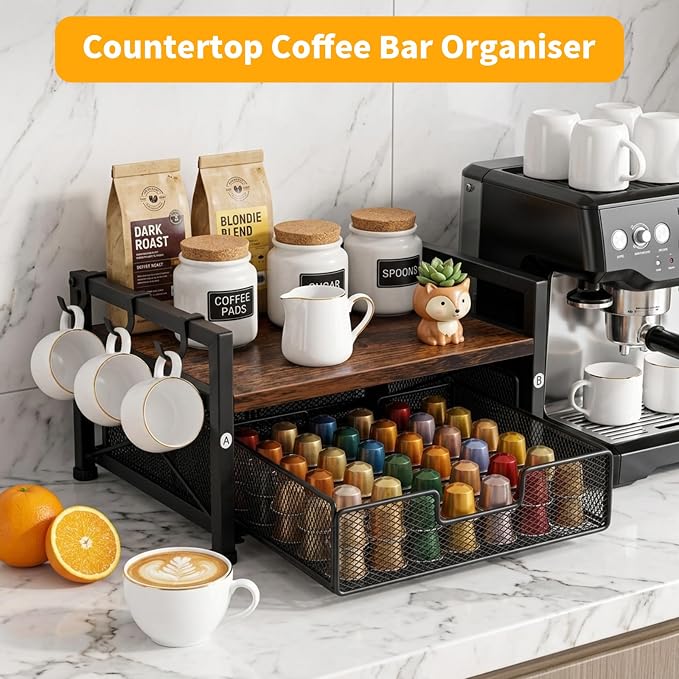 Tea Bag Organizer, Teabag Holder with Storage Drawer, Wood Tea Organizers and Storage Chest, Tea Station Chest Display Container Box for Countertop Kitchen (Rustic Brown)