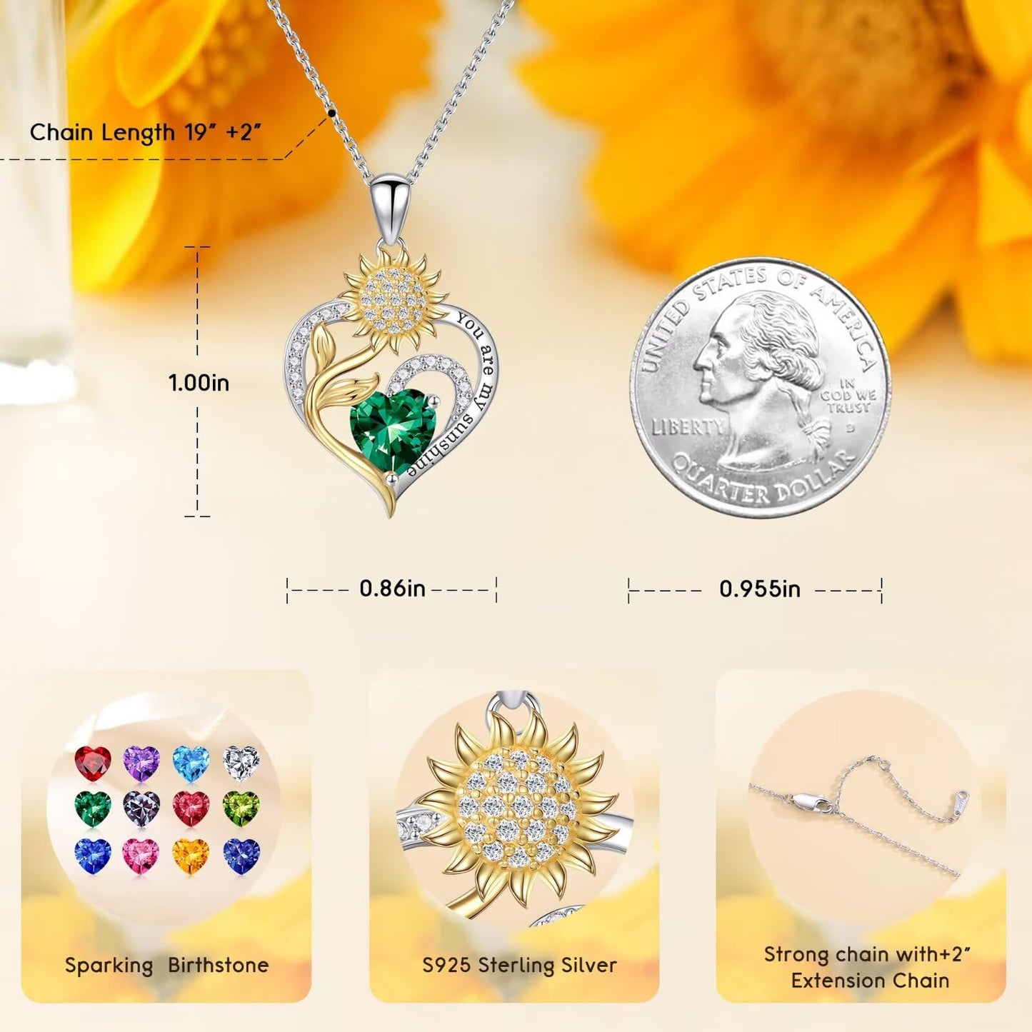 Iefil Mothers Day Gifts for Wife - 925 Sterling Silver Sunflower Necklace May Simulated Emerald Necklace Birthday Mothers Day Gifts for Mom Daughter