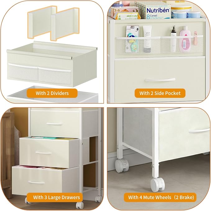 4-Tier Baby Diaper Caddy Organizer Cart with 3 Storage Drawers, Rolling Cart with Dividers & Side Pockets for Nursery, Baby Essentials, Toys, Wipes & Creams, Portable Kids Storage Cart & Station