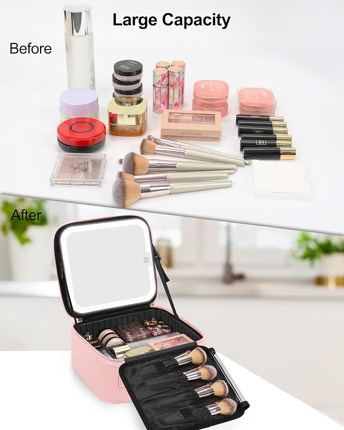Chomeiu Makeup Bag with LED Mirror, Cute Cosmetic Bags for Women and Girls, Travel Train Case Artists Organizer Large Make Up Bags with 3 Color Light Up Mirror & Removable Brush Compartment, Pink