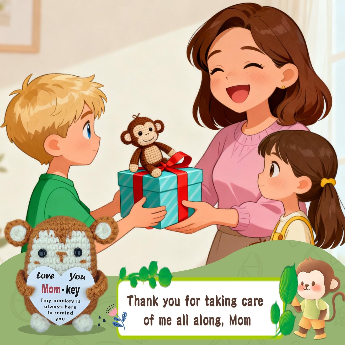 Viaosanza Mother's Day Handmade Crochet Monkey Gift, Daily Love Reminder Desktop Decoration for Stepmother Godmother Women from Daughter Son, Mini Cute Animal Themed Gratitude Emotional Souvenir