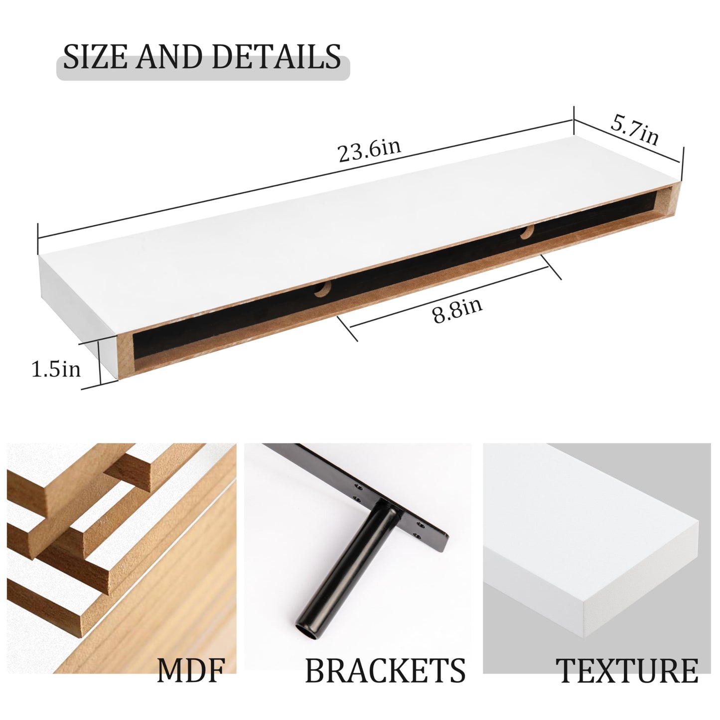BAMEOS Floating Shelf,Wall Shelf,Decor Wall Mounted Shelves,Hanging Shelf Set L24xW6 for Bathroom Kitchen Living,Kitchen,Room Bedroom Storage,White