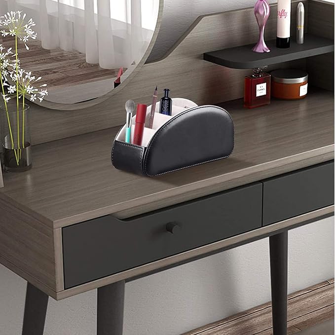 YAPISHI Large Leather TV Remote Control Holder Organizer Black with 5 Compartments Nightstand Desktop Media DVD Player Remote Tray Caddy Storage Box for Mobile Phone Pen Office Stationery Controllers