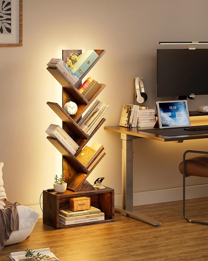 Evermagin 6 Tier Tree Bookshelf with Lights, LED Book Tree Bookcase with Storage Organizer, Small Corner Bookshelf Floor Standing Book Shelf for Living Room, Bedroom & Home Office, Rustic Brown