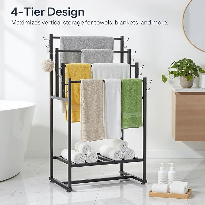 HOOBRO 4-Tier Free Standing Towel Rack for Bathroom, Blanket Rack Stand, 23.6" L x 15.9" W x 40.7" H, Freestanding Quilt Stand, Blanket Display Holder for Bedroom, Industrial Style, Black BK07LB01