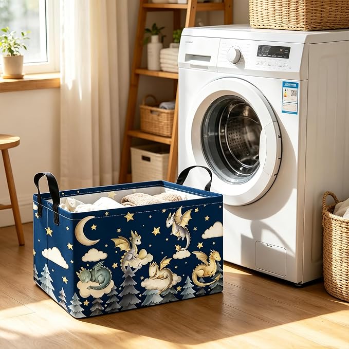 Rectangular Dragon Pattern Storage Bin, Decorative Canvas Laundry Basket with Dual Handles, Foldable Toy & Household Organizer, Multipurpose Party Gift Basket for Home Bedroom Dorm(Cute Dragon)