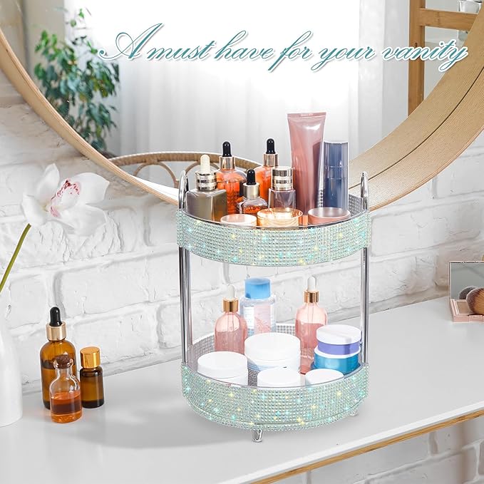 Honeydak 360 Rotating Perfume Organizer Gift for Women, Rhinestone Preppy Skincare Organizer Bathroom Counter Makeup Holder Skincare and Perfume Storage for Cosmetic(2 Tiers,Resin Diamond,AB Color)
