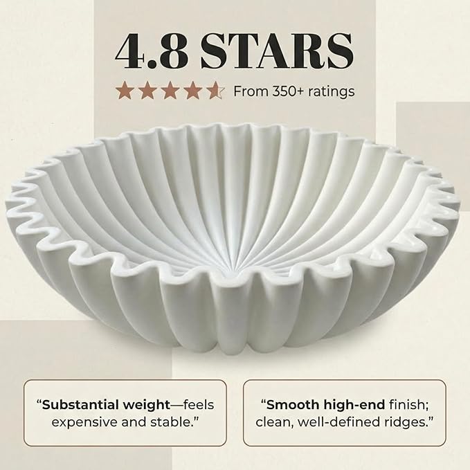 OAKOA Large Decorative Bowl - White Decorative Bowls for Home Decor - Organic Modern Home Decor Bowl - Concrete Ruffle Bowl Decor - Fluted Bowl - Scalloped Bowl