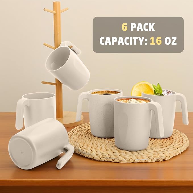 Coffee Mugs Set of 6, Wheat Straw Cups 16 oz, Resuable Plastic Coffee Cups With Handle, Unbreakable & Stackable Kitchen Cup, Microwave safe Drinking Glasses for Tea, Juice and Water - Beige