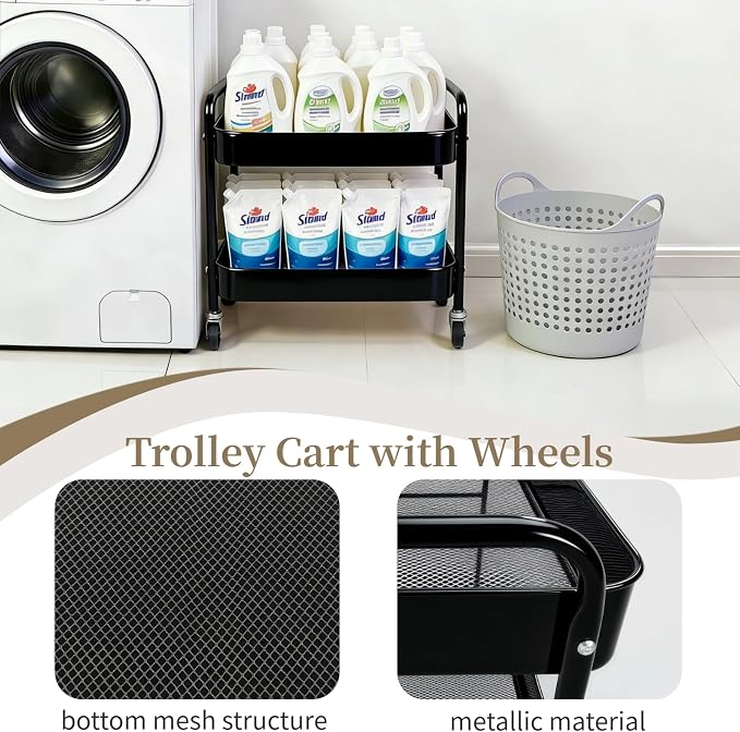 2 Pack Pantry Cart 2 Tier Small Rolling Cart with Wheels for Under Desk Storage, Short Rolling Utility Cart Large Basket Metal Kitchen Shelf with Mesh Laundry Room Organizer Side Table, Black