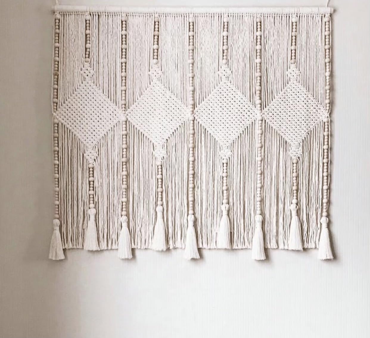 kiido Large Macrame Wall Hanging 47"×33" Boho Tapestry Woven Wall Decor- Cotton Tassel Macrame Curtain Beige Chic Bohemian Wall Art for Home Living Room Bedroom Dorm Wedding (Includes Hanging Rod)