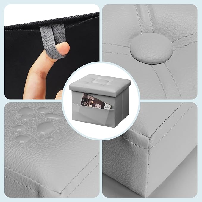 Bsketa Storage Ottoman Foot Rest Stool, Small Leather Storage Ottomans Bench, Folding Footstool with Side Pockets, Foot Rest Under Desk for Living Room Bedroom, 17x13x13 in, Grey