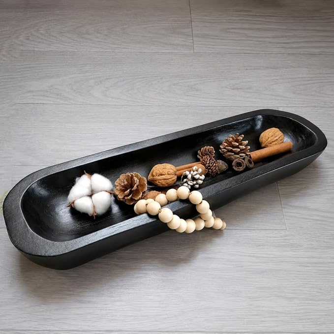 Wooden Dough Bowl Decor, Vintage Wooden Bowl Hand Carved Home Decor for Dining Table Center, Living Room, Kitchen Decor. (20inch black)