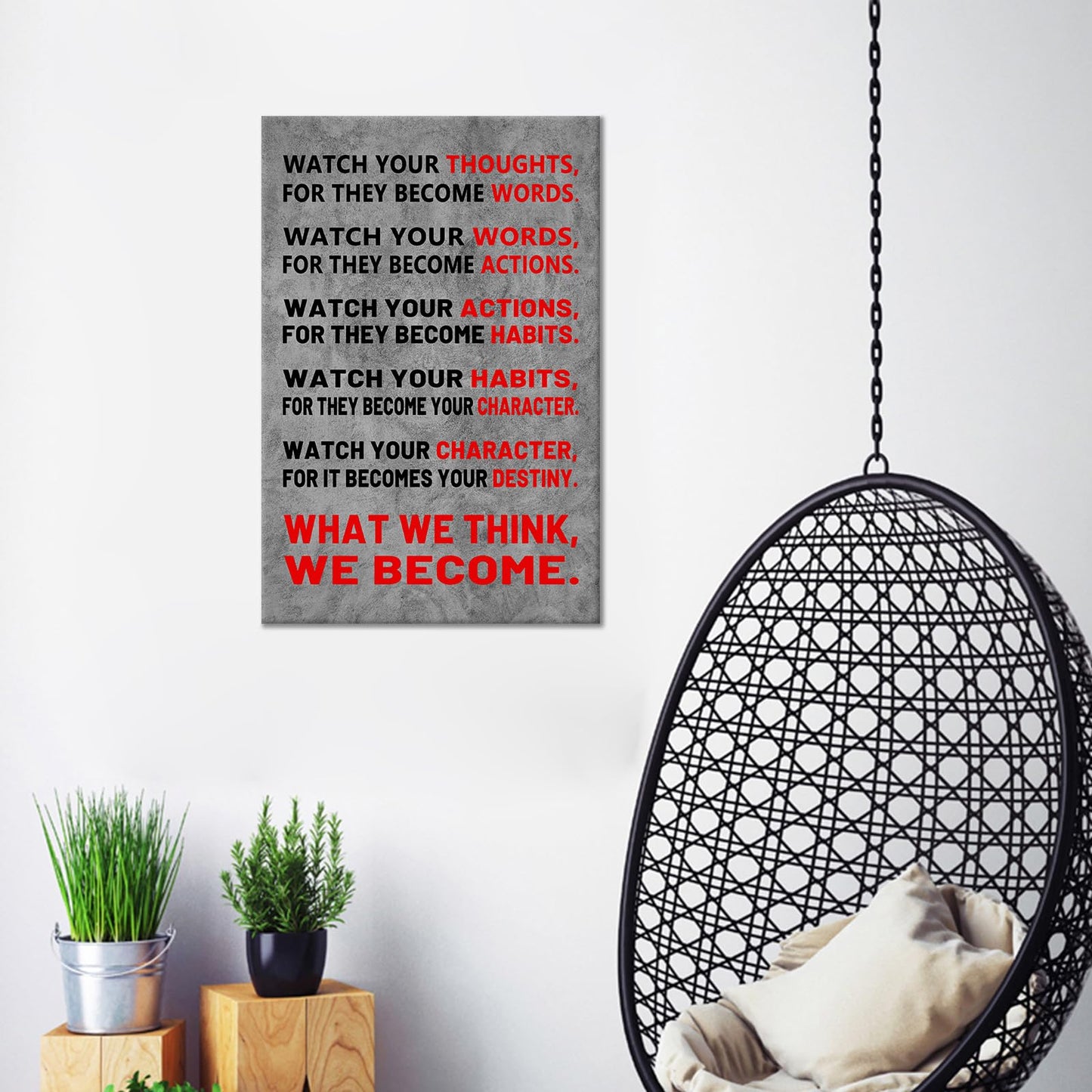Motivational Canvas Wall Art - Watch Your Thoughts Mindset Quote, Framed Office Poster for Cubicle, Desk or Dorm, Inspirational Decor for Mental Health & Personal Growth, 18x12 Inch