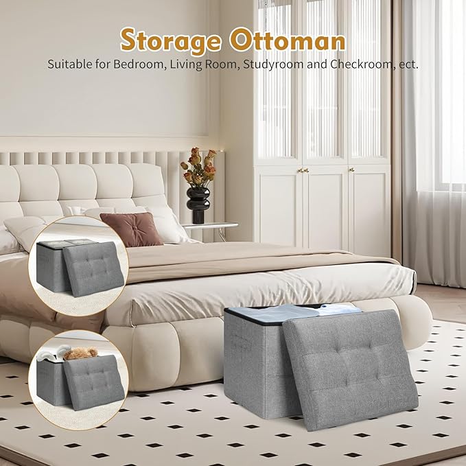 BelugaHelper Storage Ottoman Foot Rest, Folding Linen Foot Stool with Thicker Foam Padded Seat. Small Ottoman with Storage Bench for Bedroom Living Room, Holds Up to 300 lbs, 17x13x13IN (Light Gray)