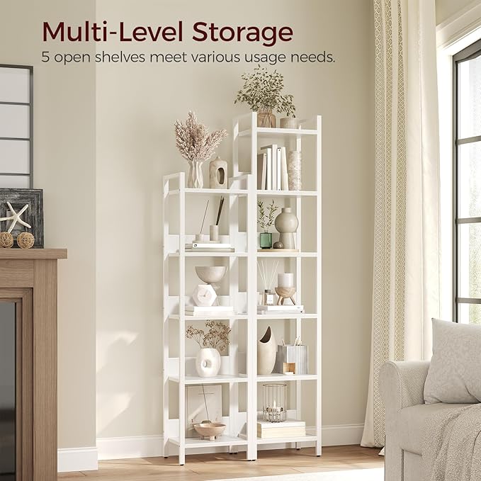 MAHANCRIS Bookshelf, 5-Tier Bookcase, Standing Book Shelf for Small Space, Storage Shelf Organizer, for Living Room, Bedroom, Study, Balcony, White BKBW5501