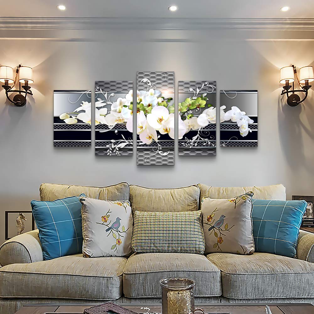 5 Piece Wall decor Canvas art for living room Picture Butterfly Orchid Flowers Contemporary Black White Abstract prints Modern Home bedroom Wall decorations inspirational wall art posters artwork