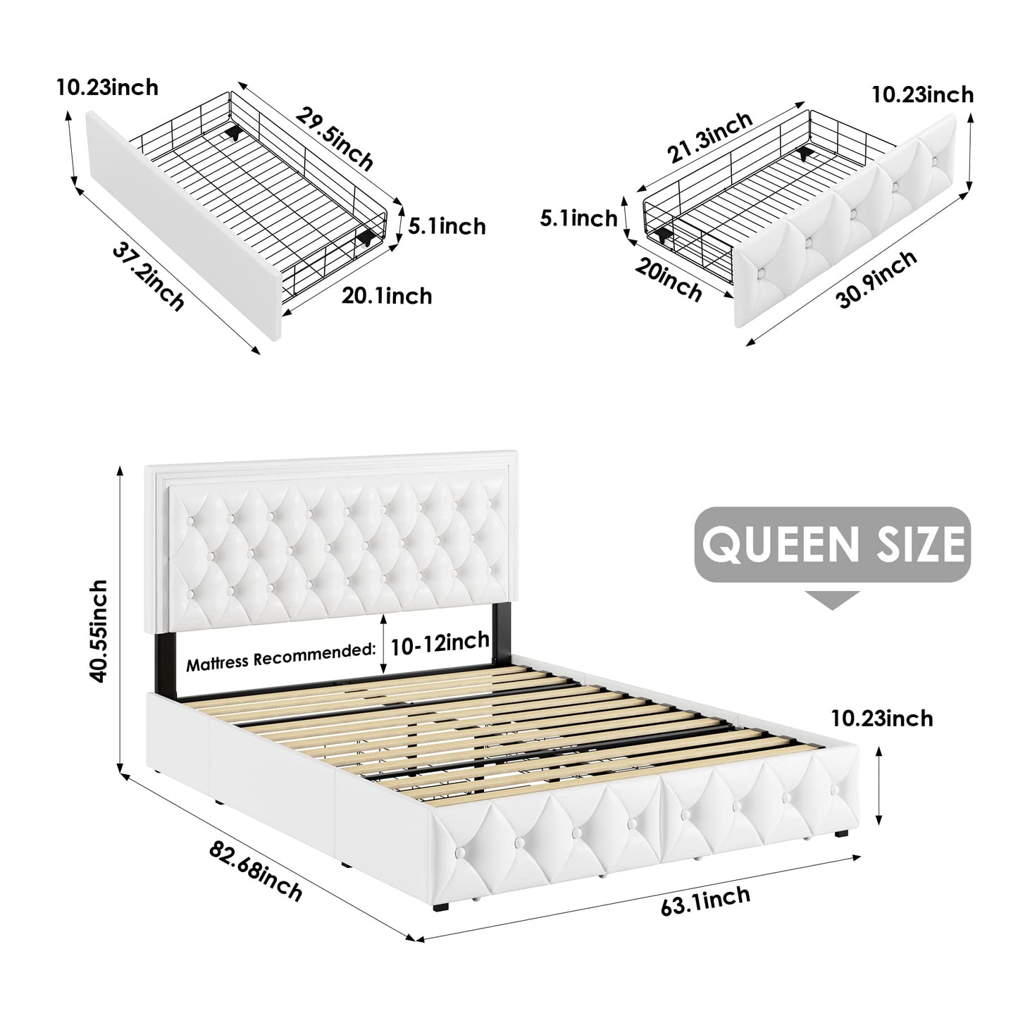 Keyluv Queen Upholstered LED Bed Frame with 4 Drawers, PU Leather Platform Storage Bed with Adjustable Button Tufted Headboard and Solid Wooden Slats Support, No Box Spring Needed, White