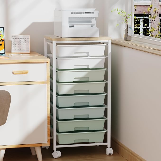 Rolling Cart with 8 Drawers, Storage Drawers Cart with Wooden Tabletop and Lockable Wheels, Craft Storage for Living Room, Office, Classroom, Craft Room, Bedroom
