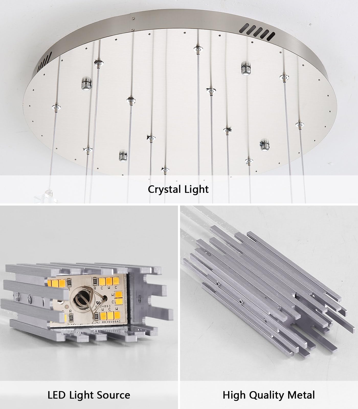 12-Lights Modern Crystal Chandelier for High Ceiling Dimmable LED Pendant Lighting Long Light Chandelier for Staircase Foyer Enterway Living Room Silver