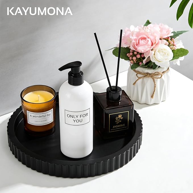 Modern Decorative Tray for Coffee Table, 11" Wooden Black Round Small Decor Tray for Candle, Perfume, Vanity, Kitchen Island Counter & Table Centerpiece