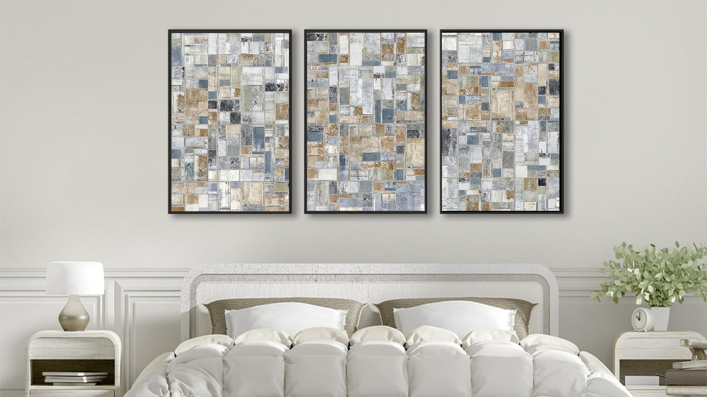 Large Framed Abstract Wall Art - Retro Block Wall Decor Painting 20"x28" Set of 3 Modern Wall Art Prints Rustic Mosaic Canvas Pictures for Living Room Bedroom Office Artwork